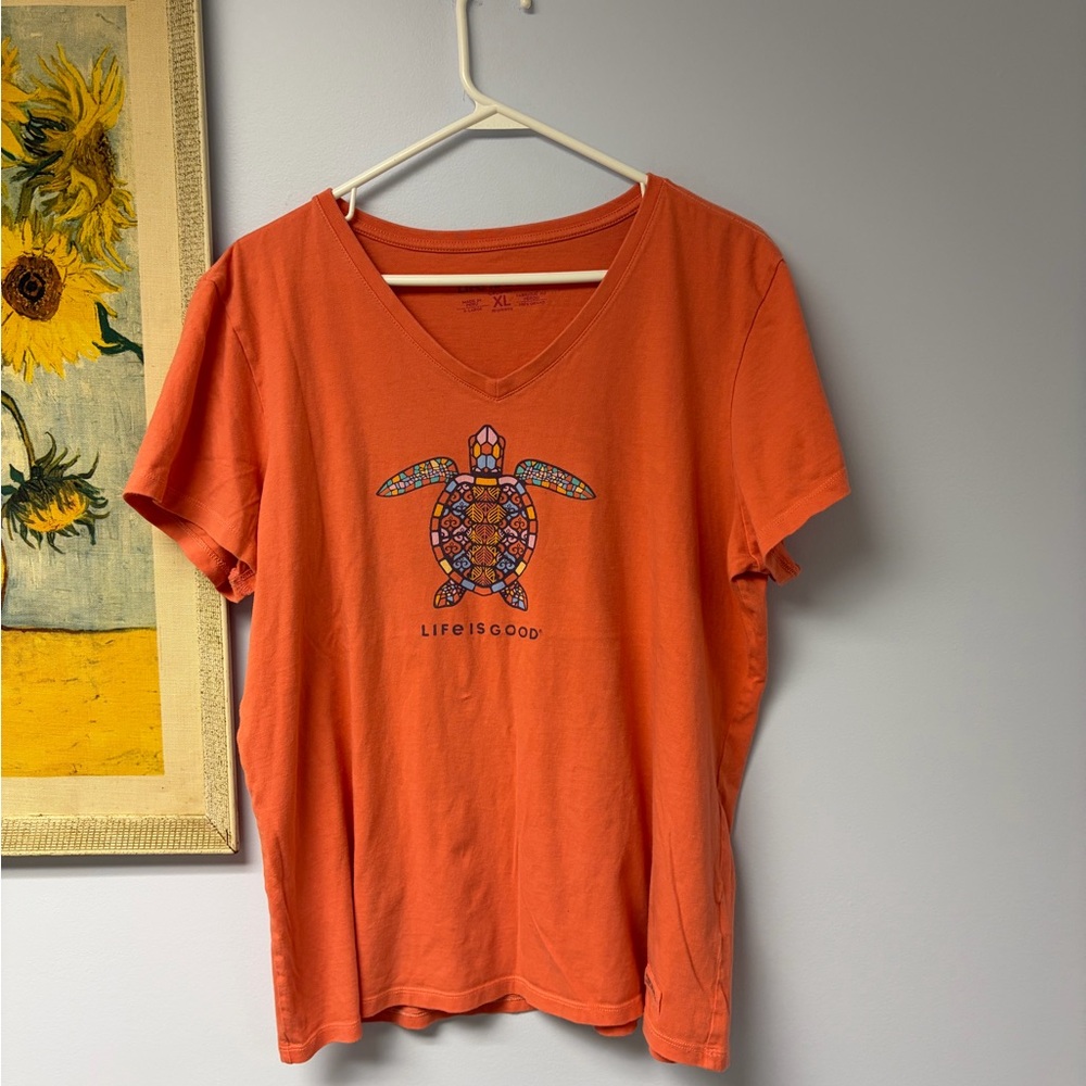 Life Is Good Coral Tee with Turtle Graphic